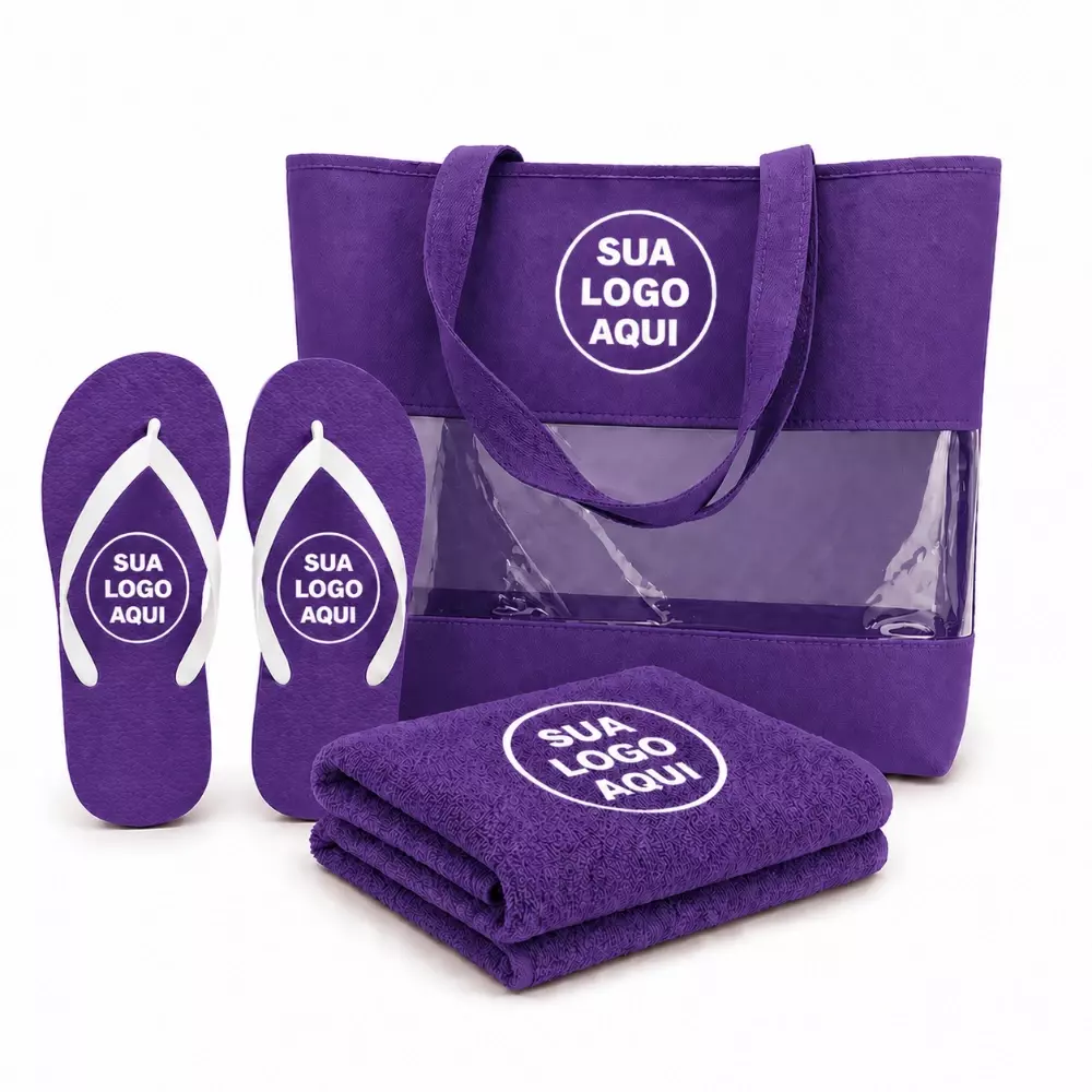Kit Praia Personalizado - Sacola, Chinelo e Toalha Roxo