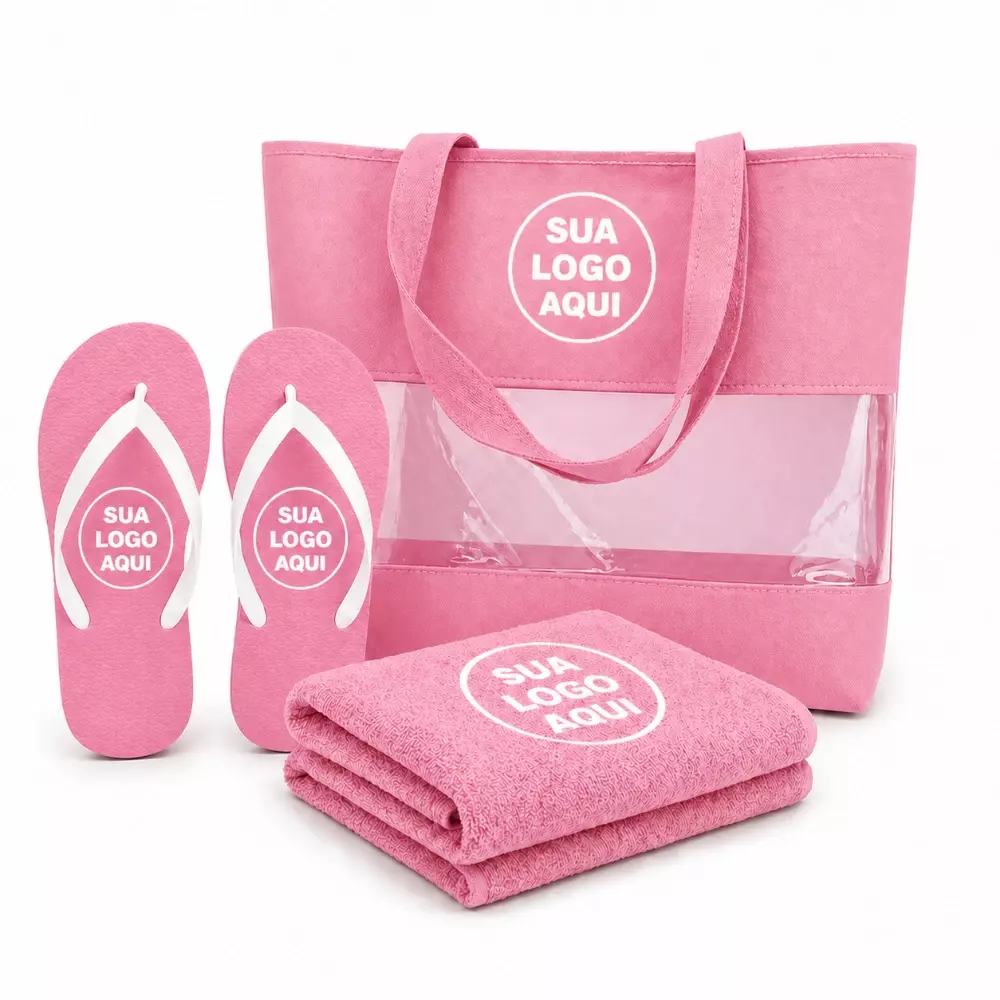 Kit Praia Personalizado - Sacola, Chinelo e Toalha Rosa