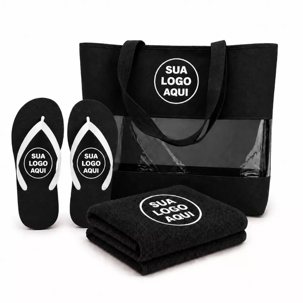 Kit Praia Personalizado - Sacola, Chinelo e Toalha Preto