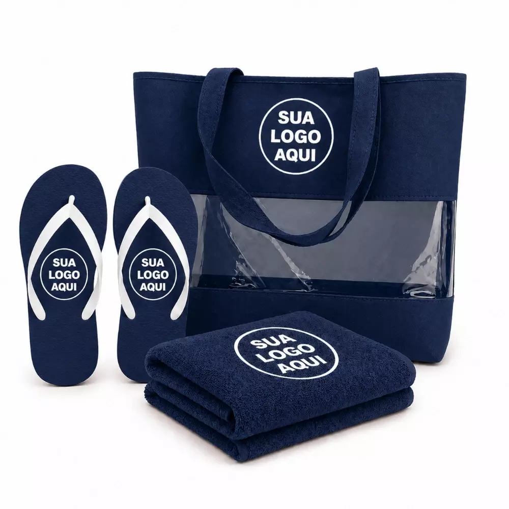 Kit Praia Personalizado - Sacola, Chinelo e Toalha Azul