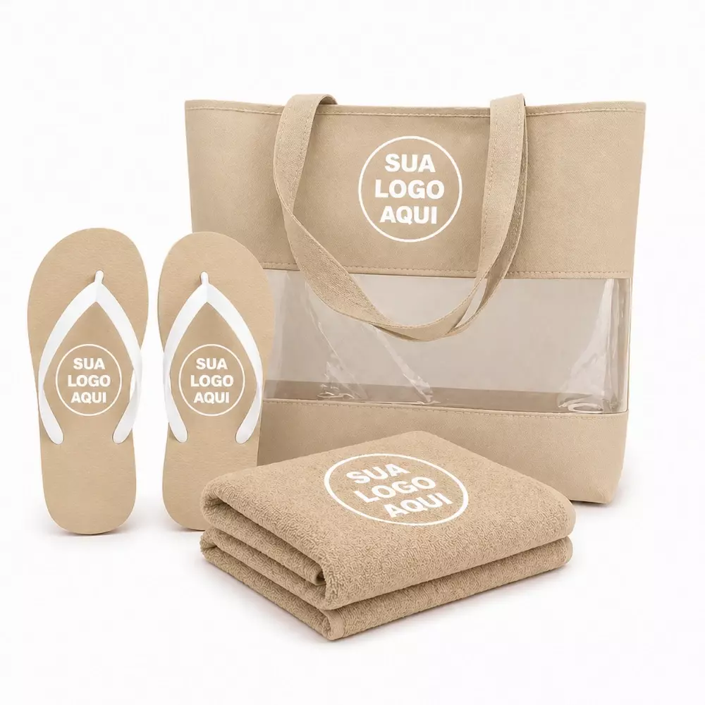 Kit Praia Personalizado - Sacola, Chinelo e Toalha Bege