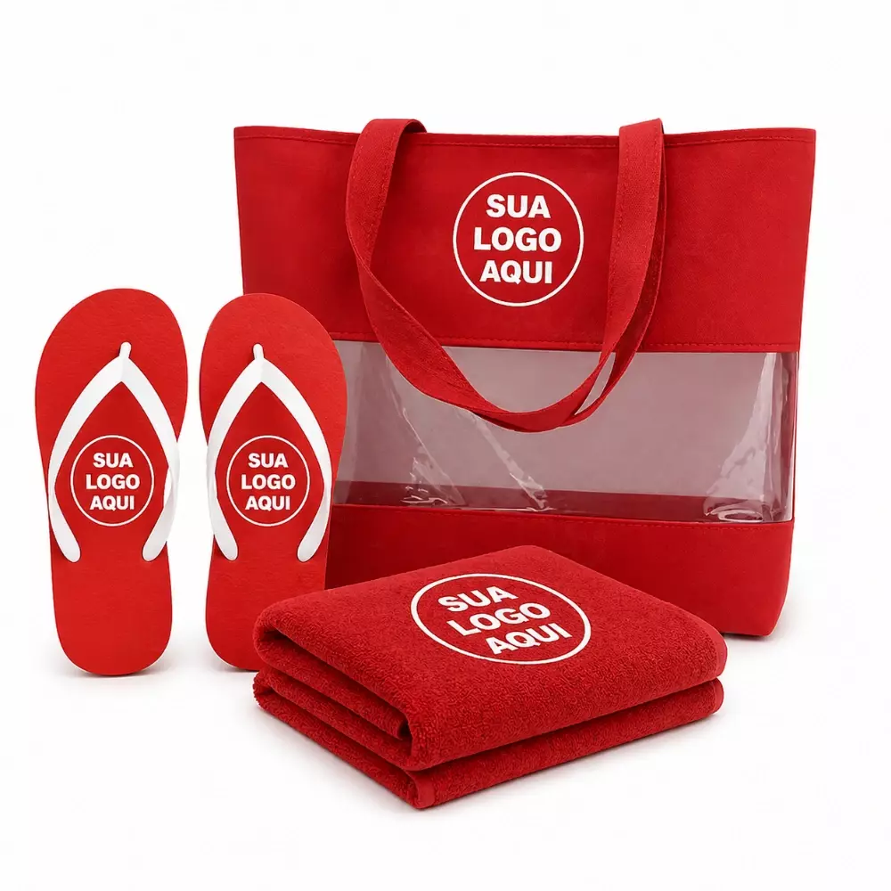 Kit Praia Personalizado - Sacola, Chinelo e Toalha Vermelho