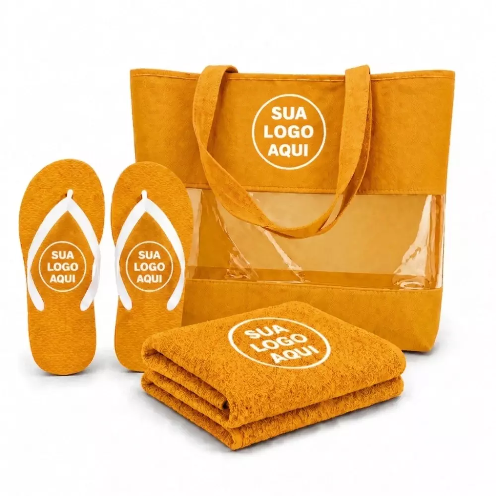 Kit Praia Personalizado - Sacola, Chinelo e Toalha Amarelo
