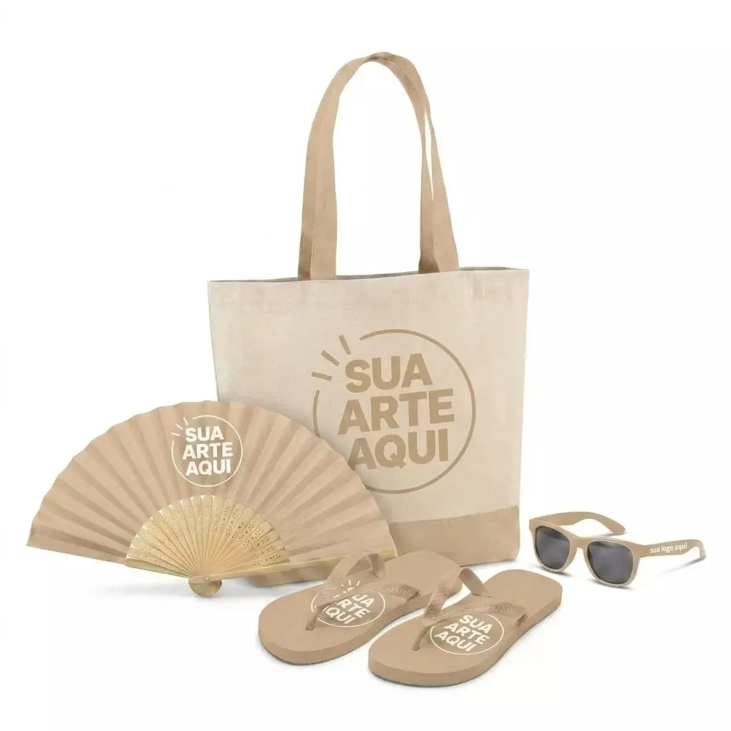 Kit Brisa Personalizado - Sacola, Leque, Chinelo e Óculos 