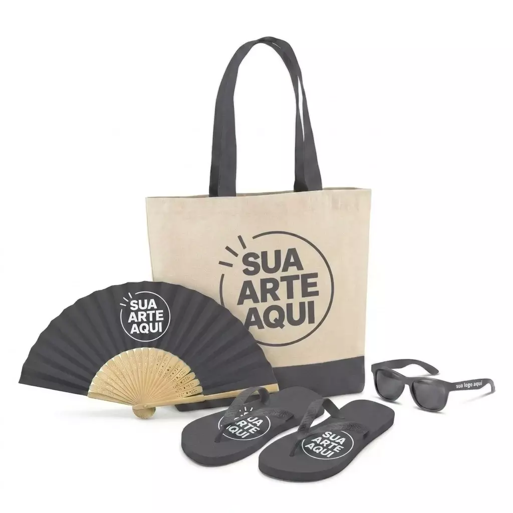 Kit Brisa Personalizado - Sacola, Leque, Chinelo e Óculos 