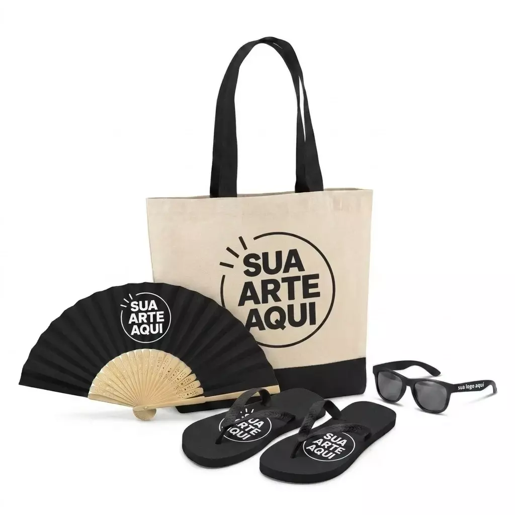 Kit Brisa Personalizado - Sacola, Leque, Chinelo e Óculos 