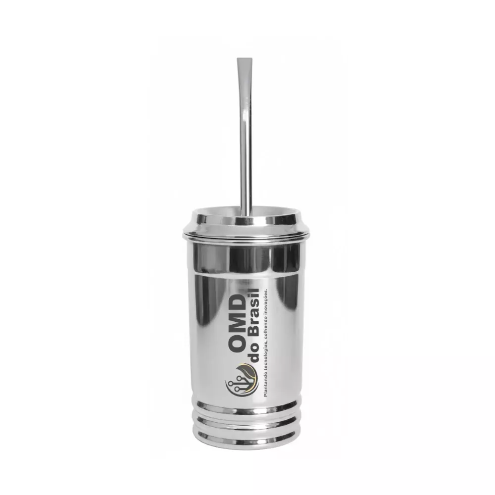 Copo Tereré 400 ml em Aço Polido com Tampa e Bomba Personalizado 